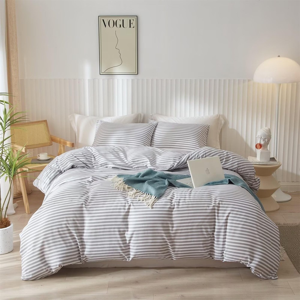 mixinni Striped Comforter Set Full Size - Grey White Stripes Pattern Bedding Set
