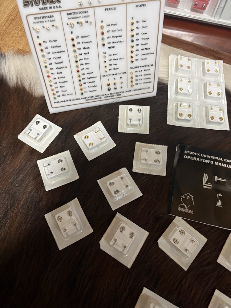 Vintage Studex Universal Ear Piercing Kit + 40+ Starter Stud Earrings & Display