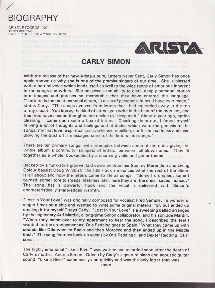 Carly Simon letters never sent press kit 1995
