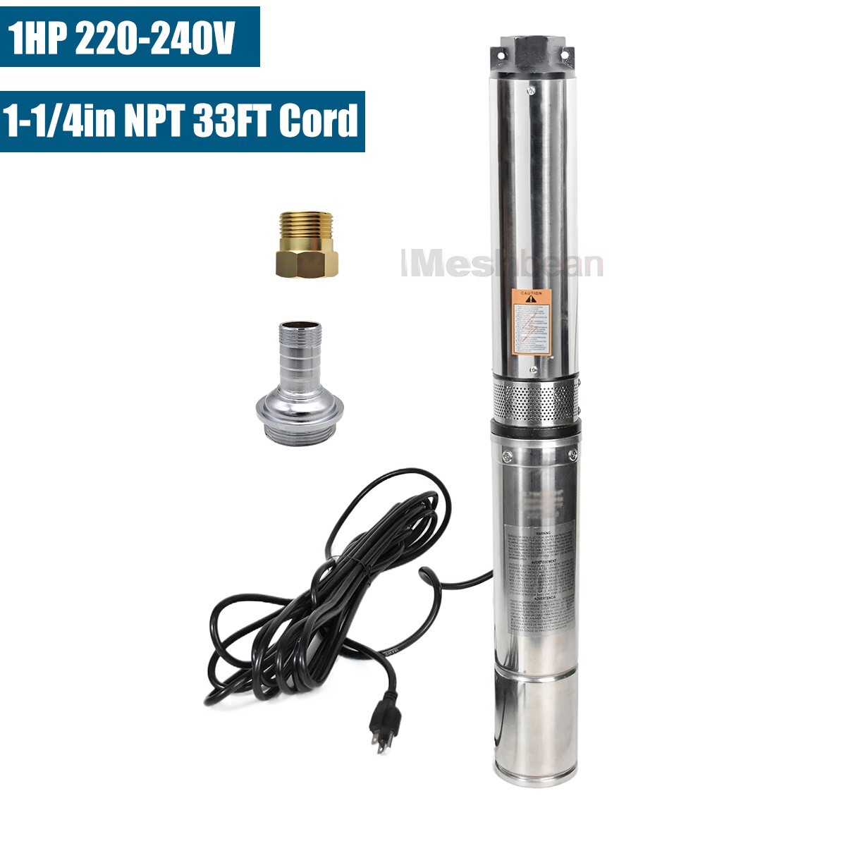 4'' Deep Well Submersible Pump , 1HP 220V 207ft Hmax 33GPM 33ft Cord 1.25'' NPT