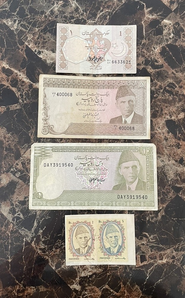 3 banknotes Pakistan circulated & 2 stamp