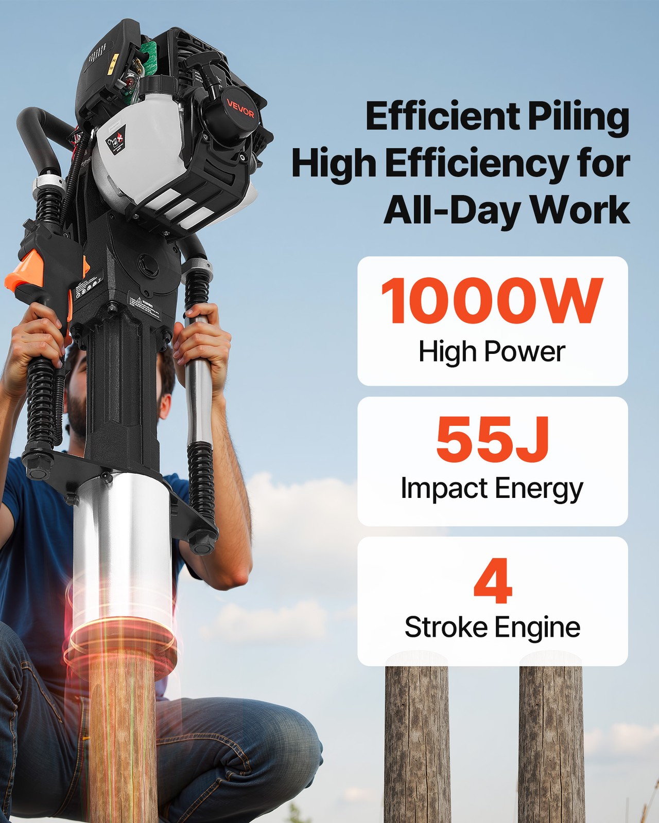 VEVOR Gas Powered T Post Driver 4 Stroke Engine Heavy Duty Fence Pounder