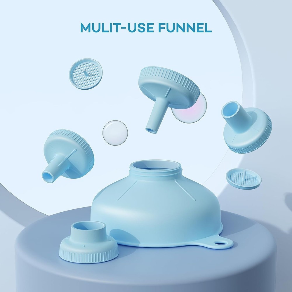 Versatile Blue Funnel Set with 5 Size Spouts & Strainers for Kitchen Ease