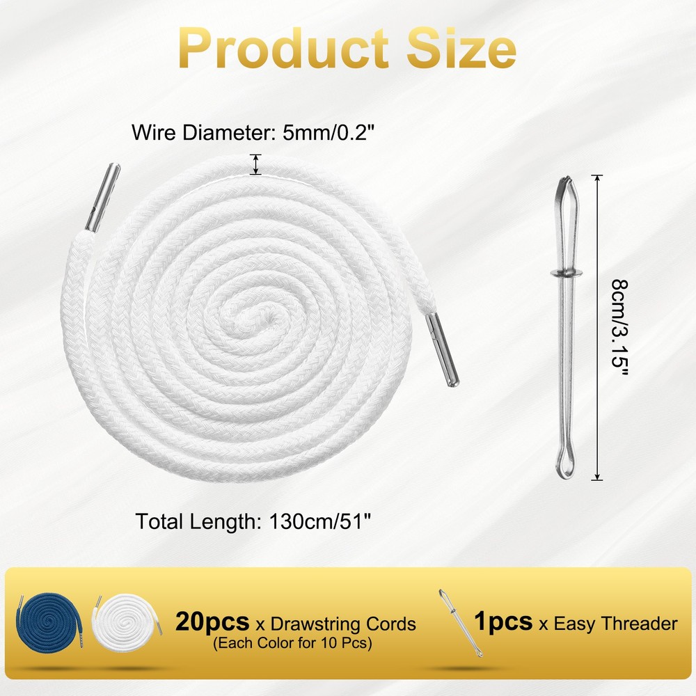 20pcs Drawstring Cords 51" Replacement Drawstring with Threader, White+Dark Blue