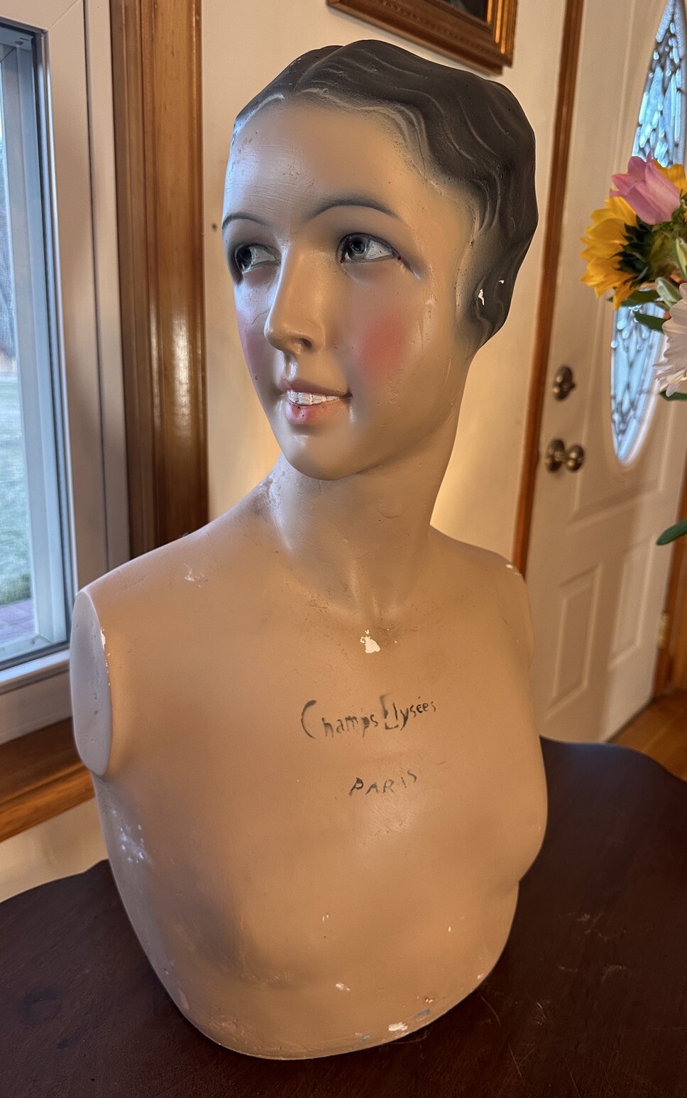 Vintage French Paris Lady Woman Hat Bust Head Champs Elysees Mannequin Plaster
