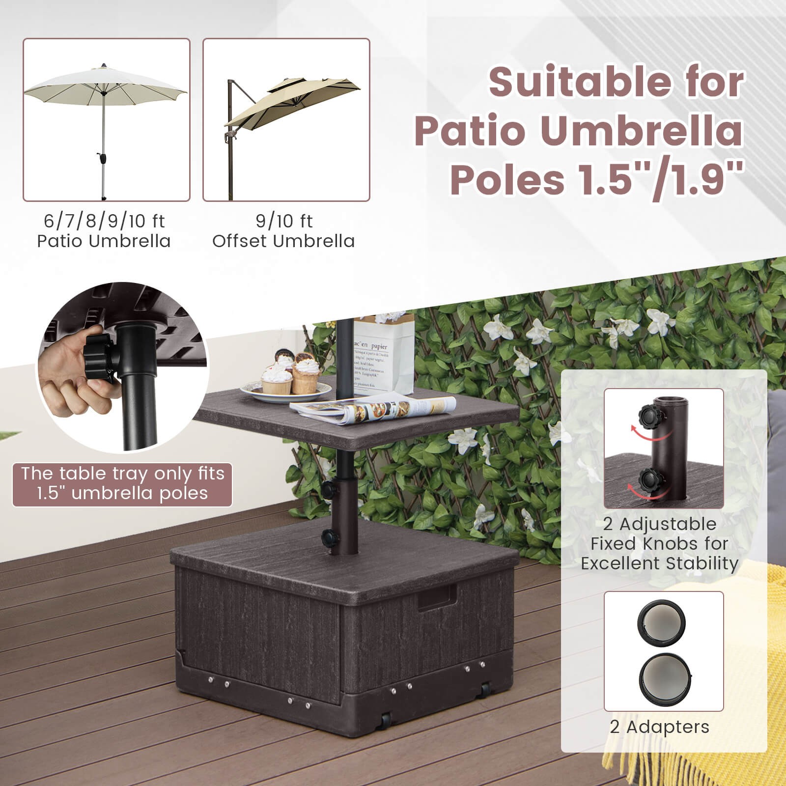 Patio 175lbs Fillable Umbrella Base w/Table Tray Wheeled 3-in-1 Stand Outdoor