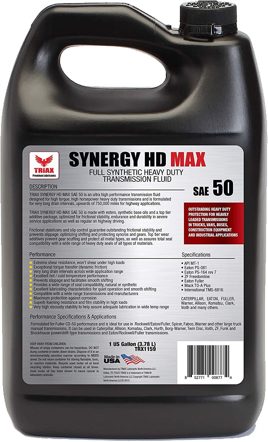TRIAX Synergy Gear Max SAE 50, Full Synthetic Heavy Duty Manual Trans (1 Gallon)