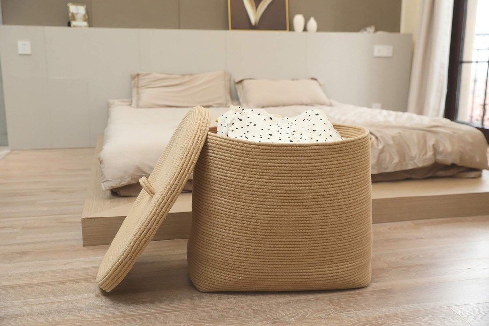 22"x14"x18" Rectangular Extra Large Storage Basket With Lid, Large Cotton Rop...