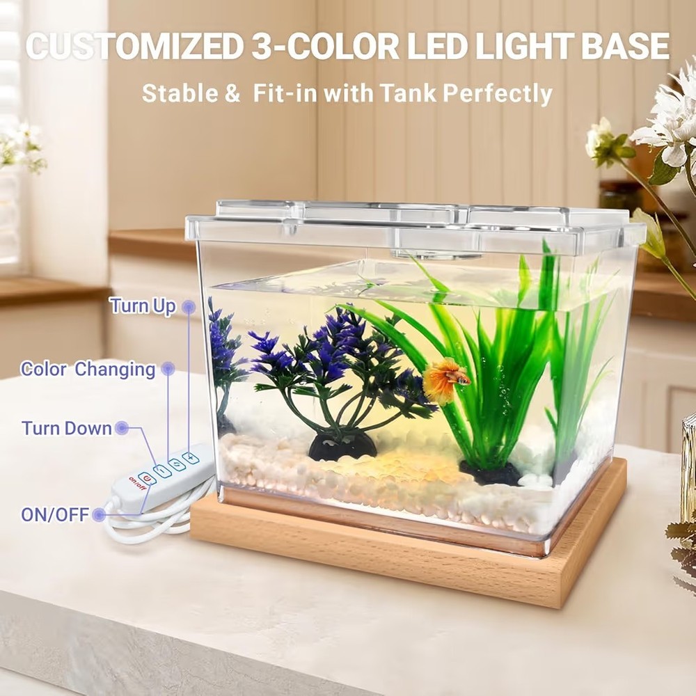 Mini Betta Fish Tank Kit with LED Light Base, Small Fish Bowl for Temporary...