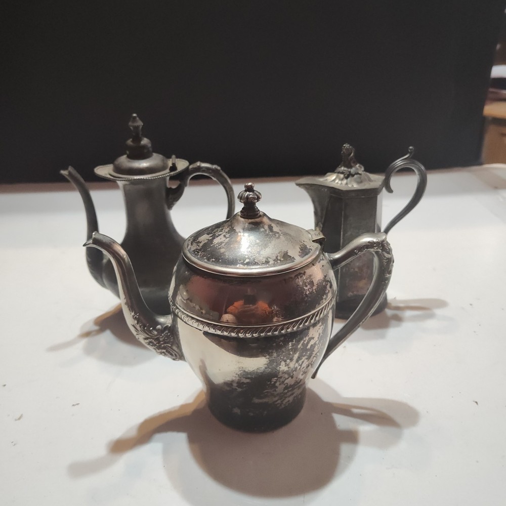 3 Vintage Silver Over Copper Hinged Lid Tea Pots