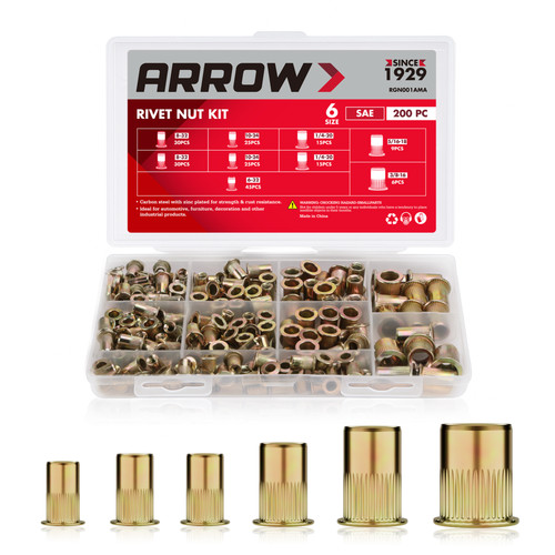 Arrow 200PC Rivet Nut Kit SAE Rivnut Assortment FlatHead Threaded Insert Nutsert