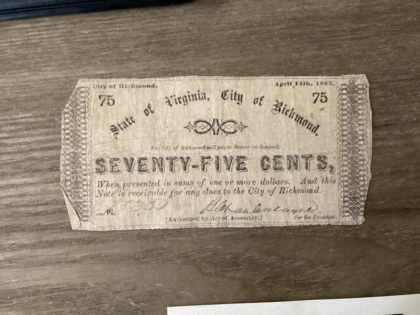 1862 Richmond Virginia 75¢ Obsolete Banknote Civil War Era Currency w/COA
