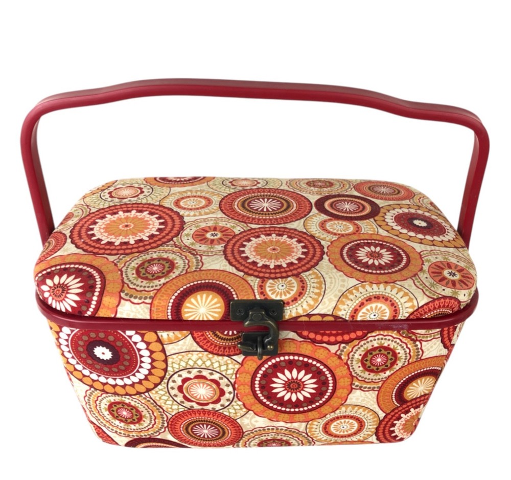Dritz St Jane Sewing Basket Medium Rectangle Red Orange Circles Fabric Covered