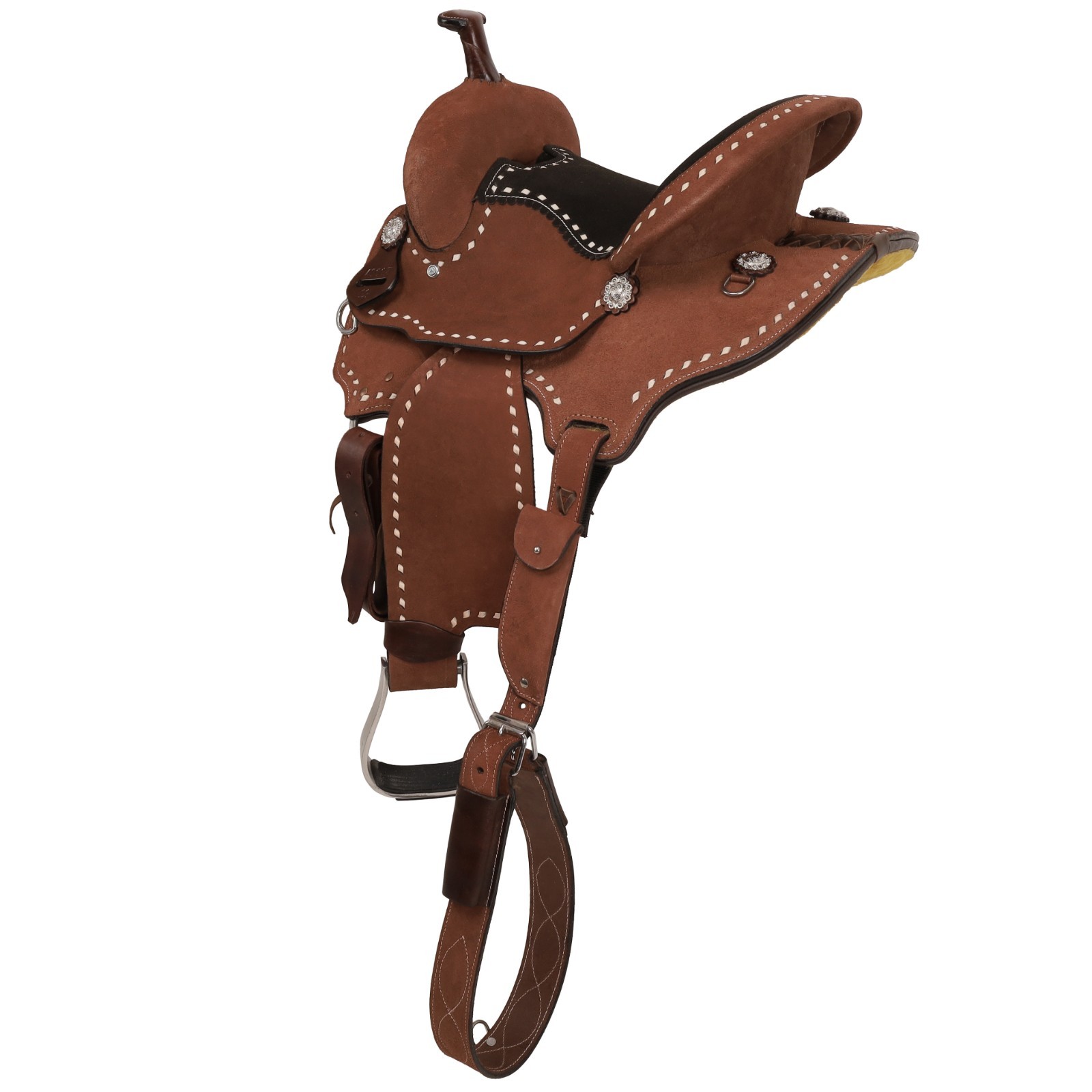 Mocha Roughout Barrel Style Saddle Buck Stitch Back Cinch Full QH Bars 12" NEW