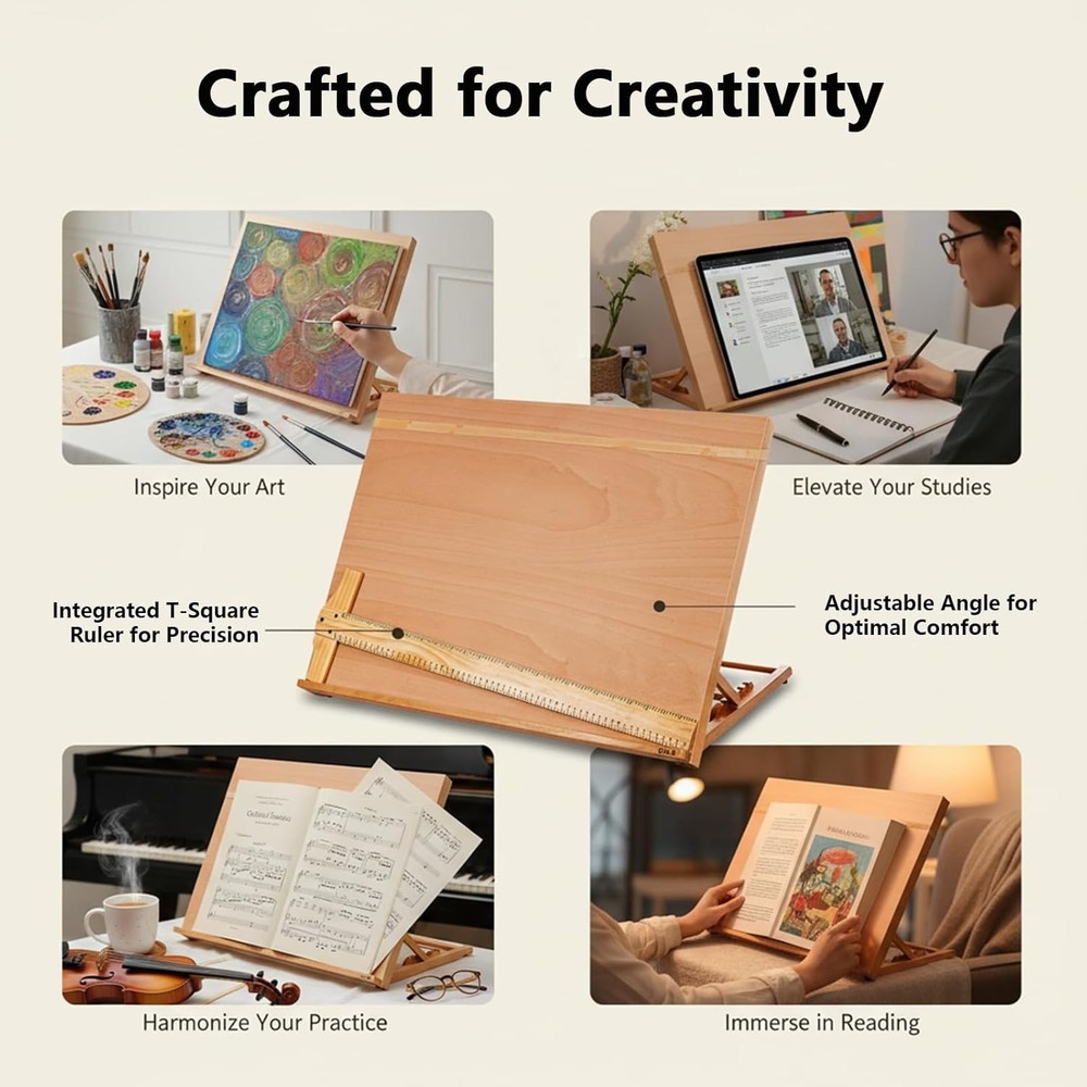 5-Position Wood Drafting Table, Tabletop Easel and Sketching Board for Painti...