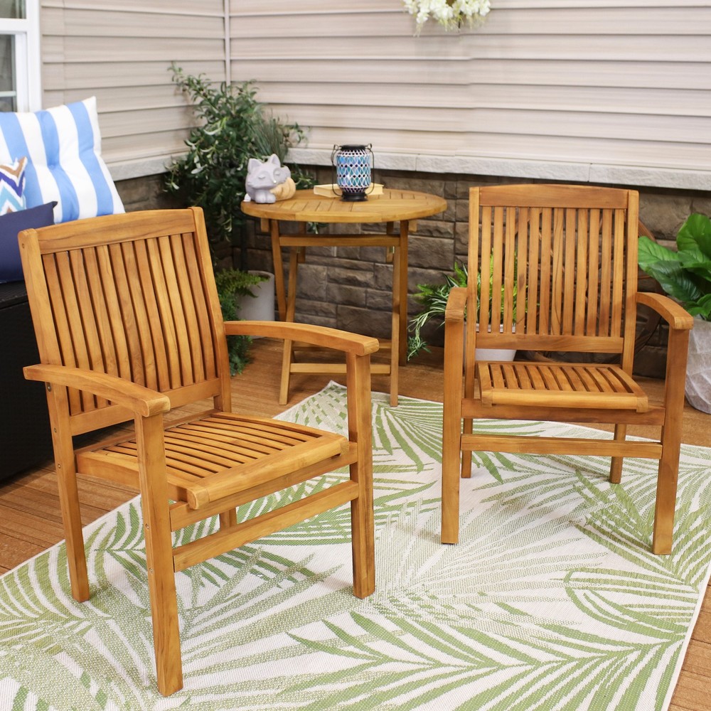 2 Solid Teak Wood Stackable Outdoor Dining Armchair - Light Brown by Sunnydaze