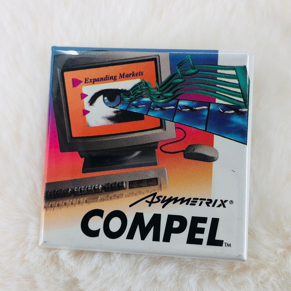 Vtg Asymetrix Compel Promo Computer software Advertising Square Button Pin