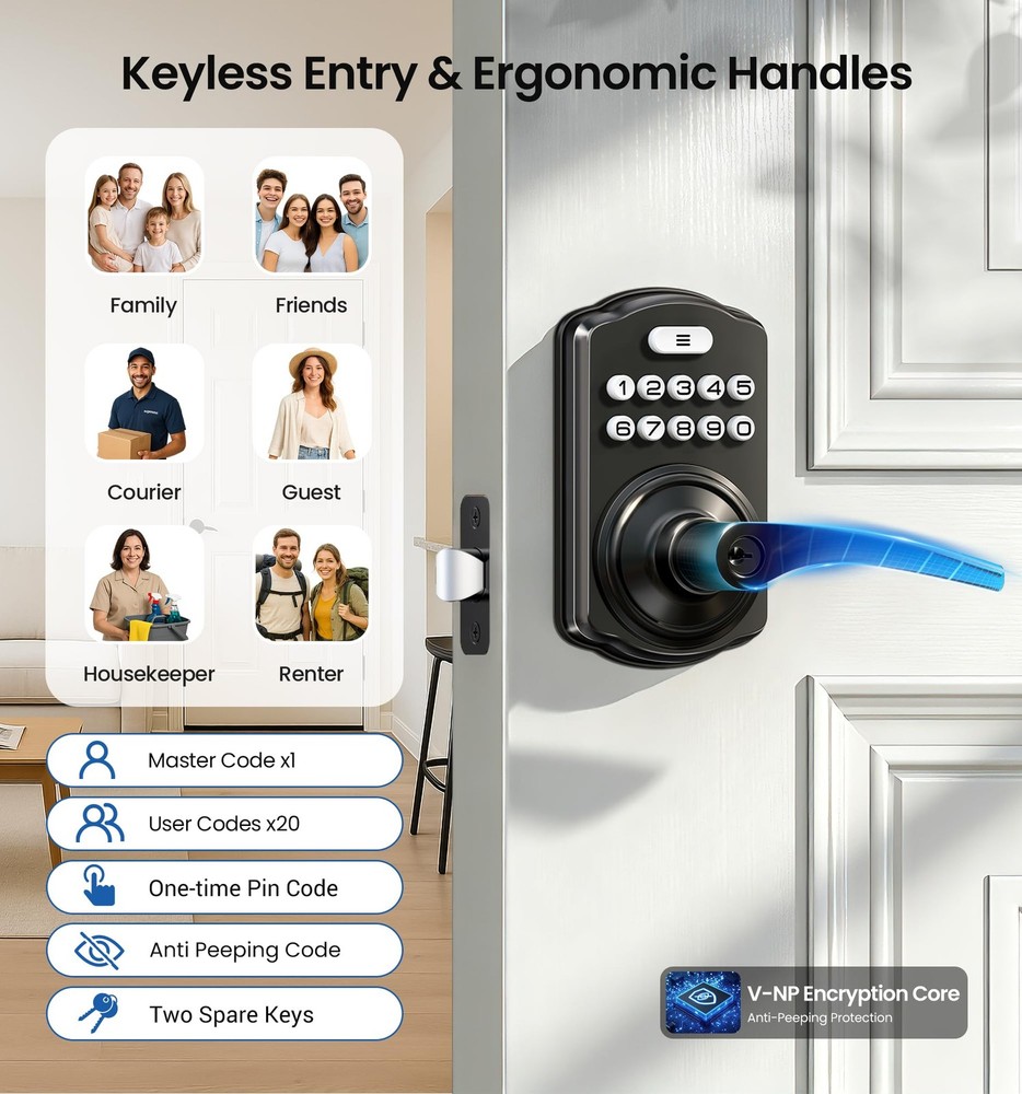 Veise Keypad Door Lock with Handle, Keyless Entry for Front Matte Black