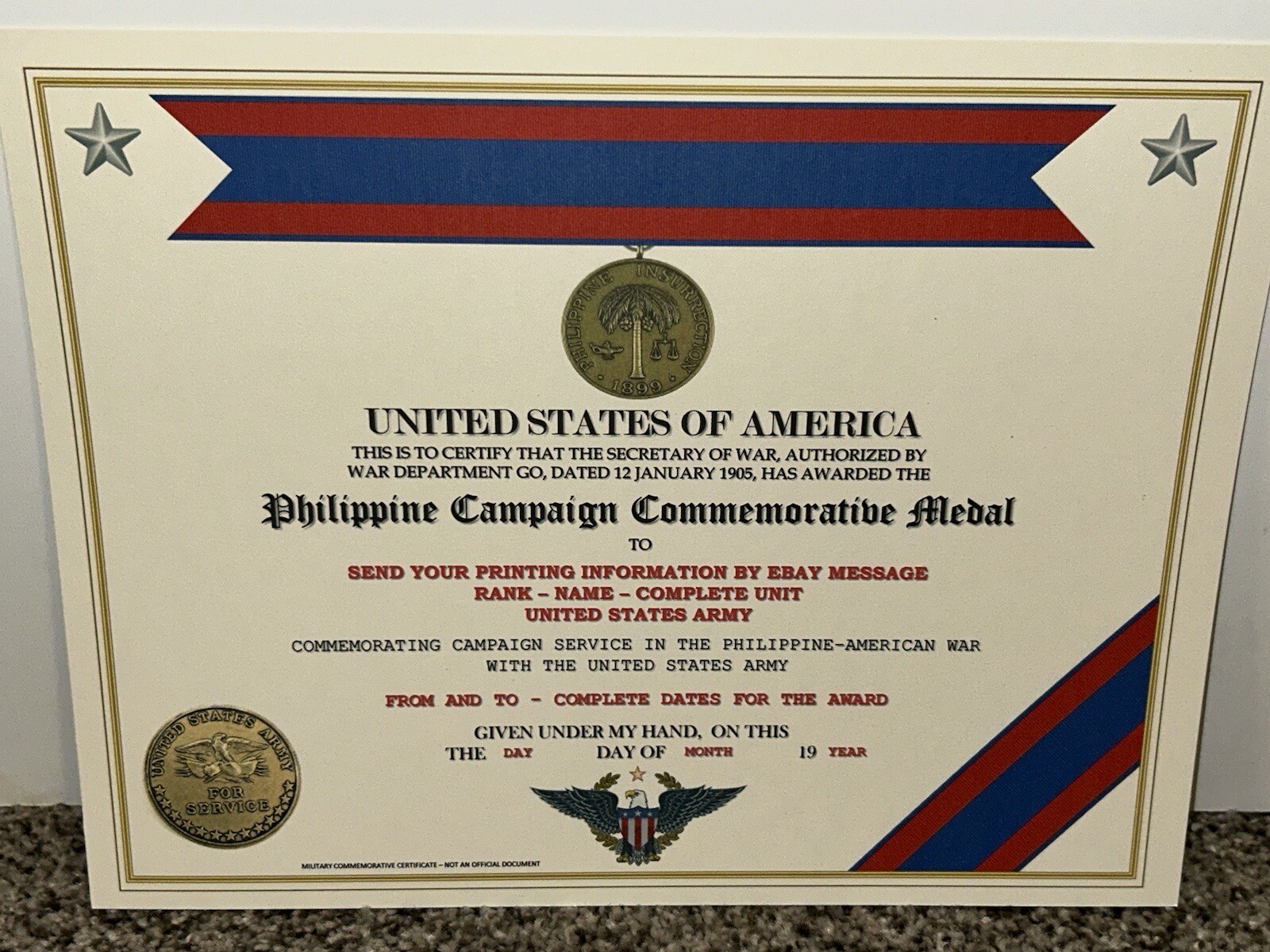 PHILIPPINE CAMPAIGN (ARMY) COMMEMORATIVE MEDAL CERTIFICATE ~ W/PRINTING TYPE-1
