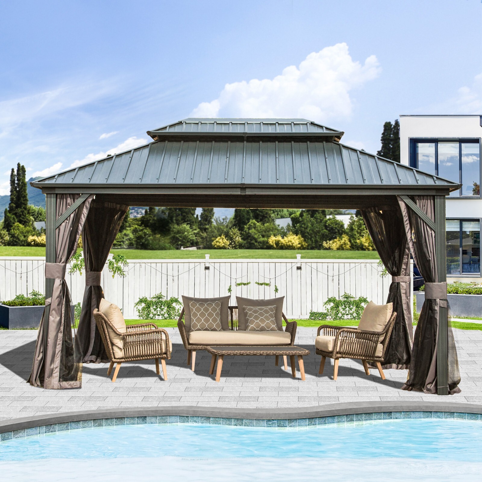 Domi 10' x 12' Hardtop Gazebo Outdoor Aluminum Gazebo w/Curtains and Net, Gray