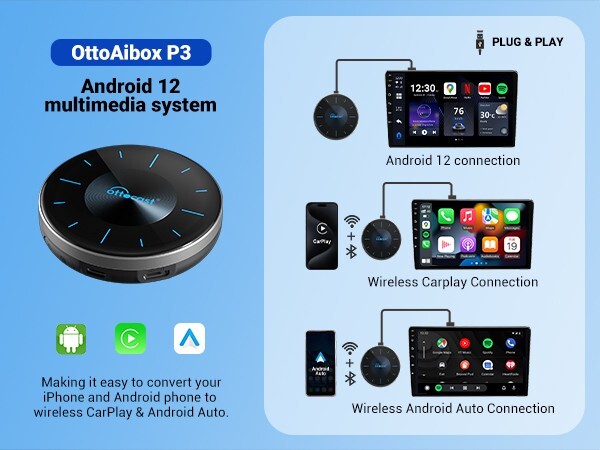 Ottocast P3 Android 12 AIBOX Car Video Box Multimedia Player w/Remote Control
