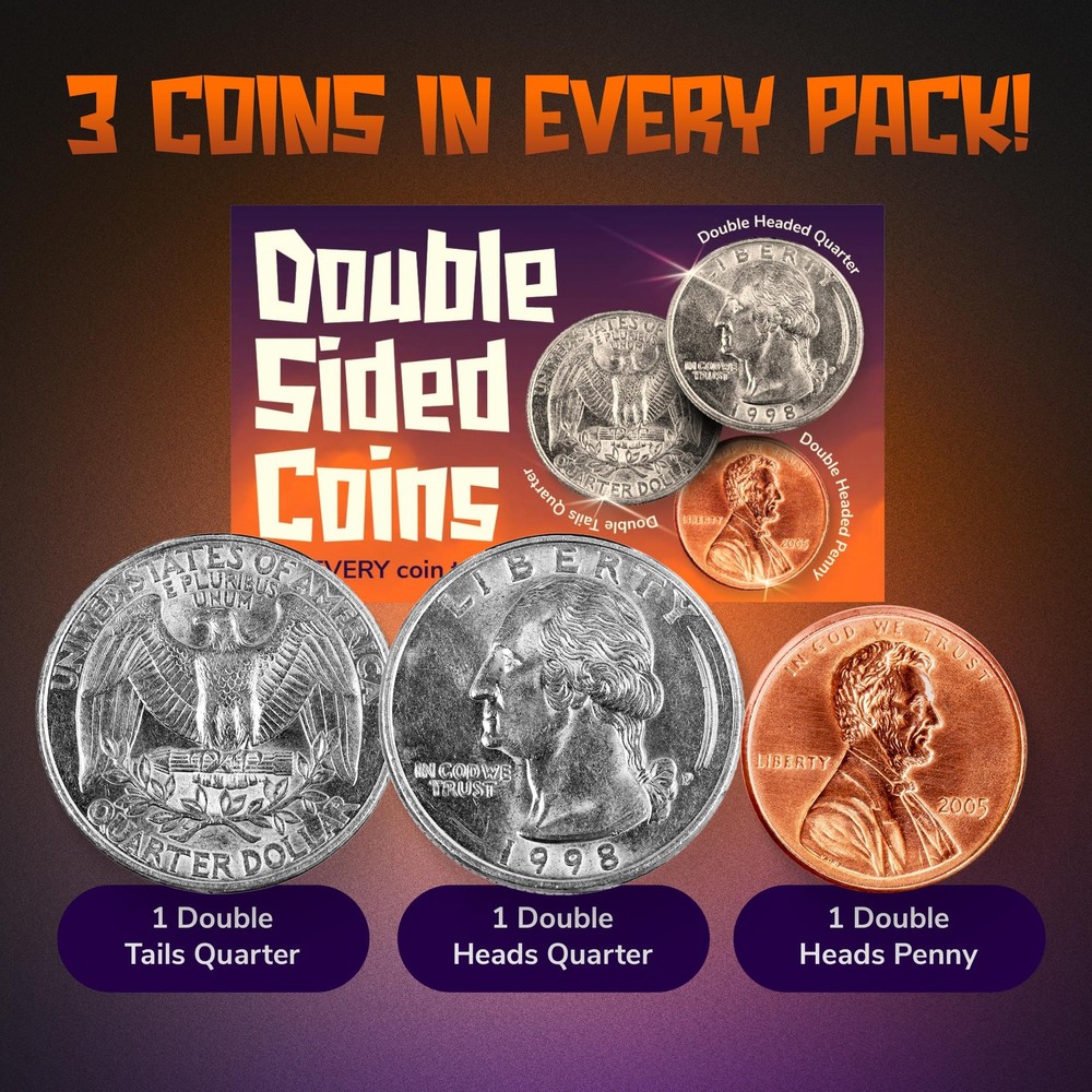 3pk Double Sided Coins | Includes 2 Double Sided Quarters and 1 Double Headed...