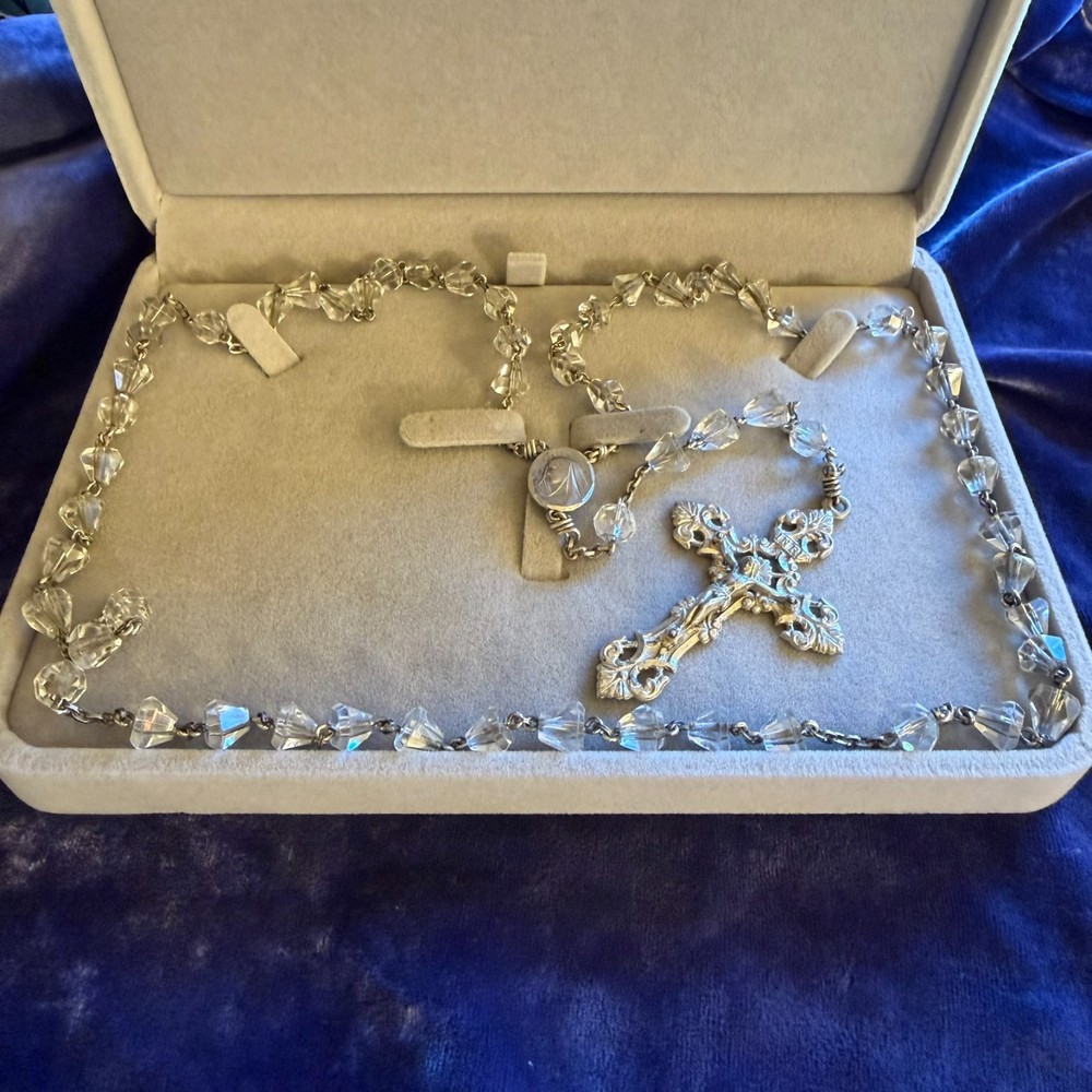 Vintage Sterling Silver Quartz Gemstone Teardrop Bead Ornate Catholic Rosary