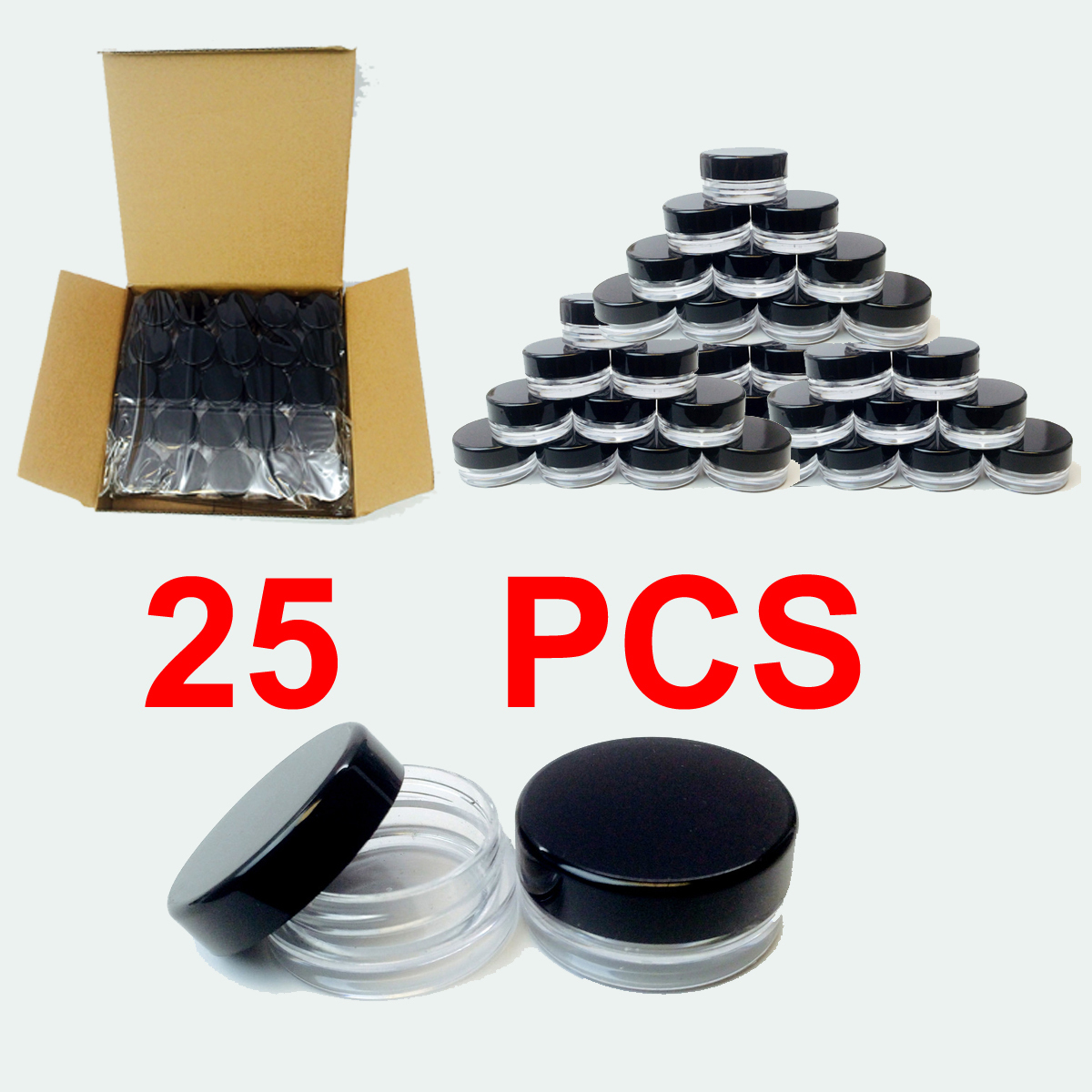 25 Pack 5G 5ML Cosmetic Small Sample Plastic Jars Clear cream Makeup BPA Free