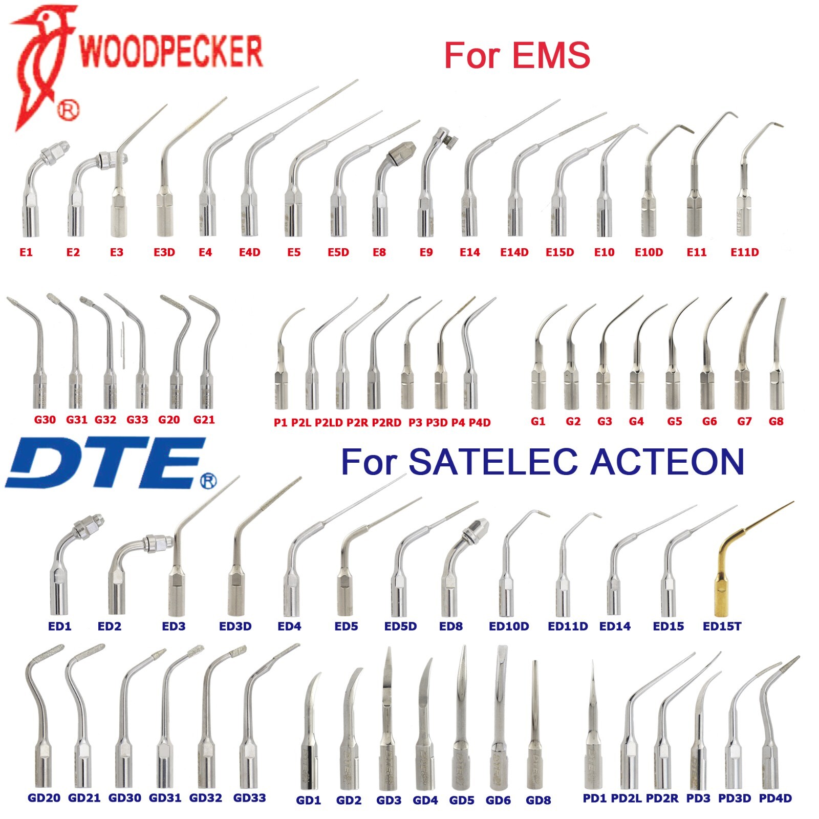 Woodpecker Dental Ultrasonic Piezo Scaler Tips Endo Perio DTE SATELEC NSK EMS