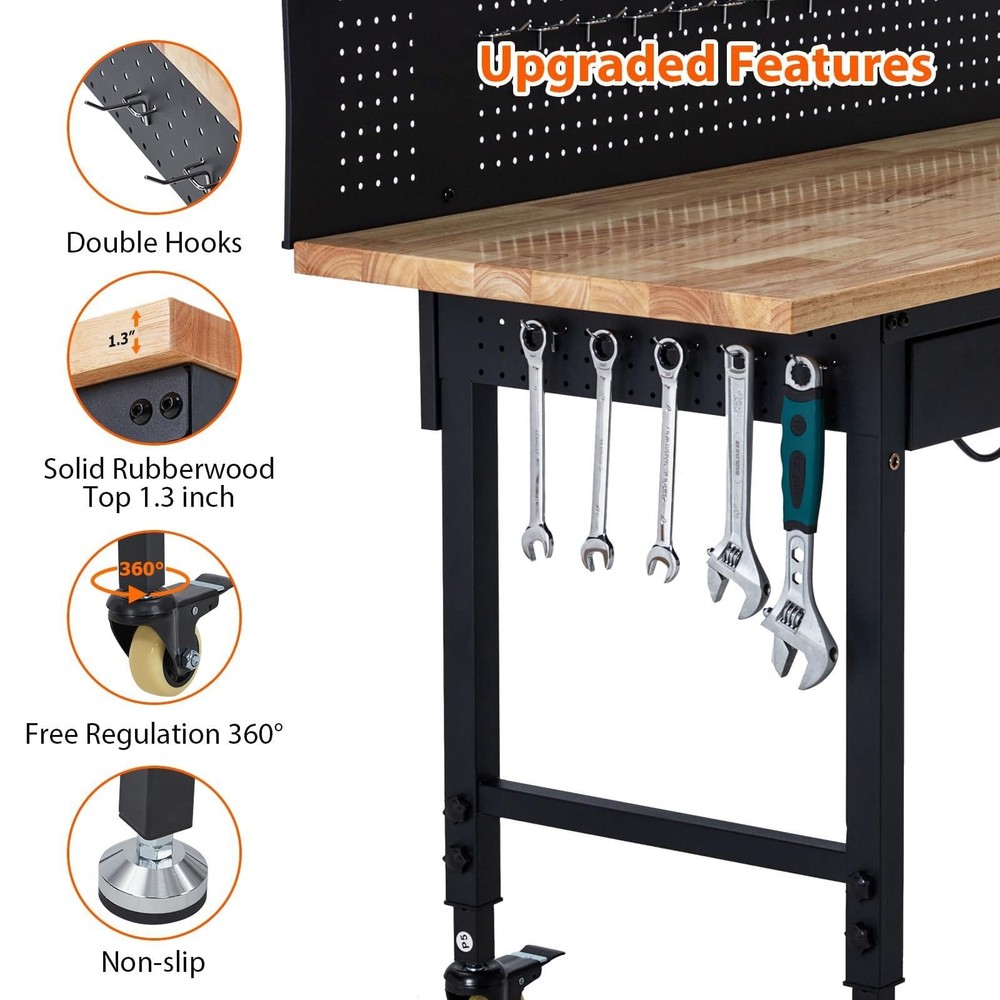 60" Adjustable Workbench ,Heavy Duty Garage Work Table with Pegboard and Drawer