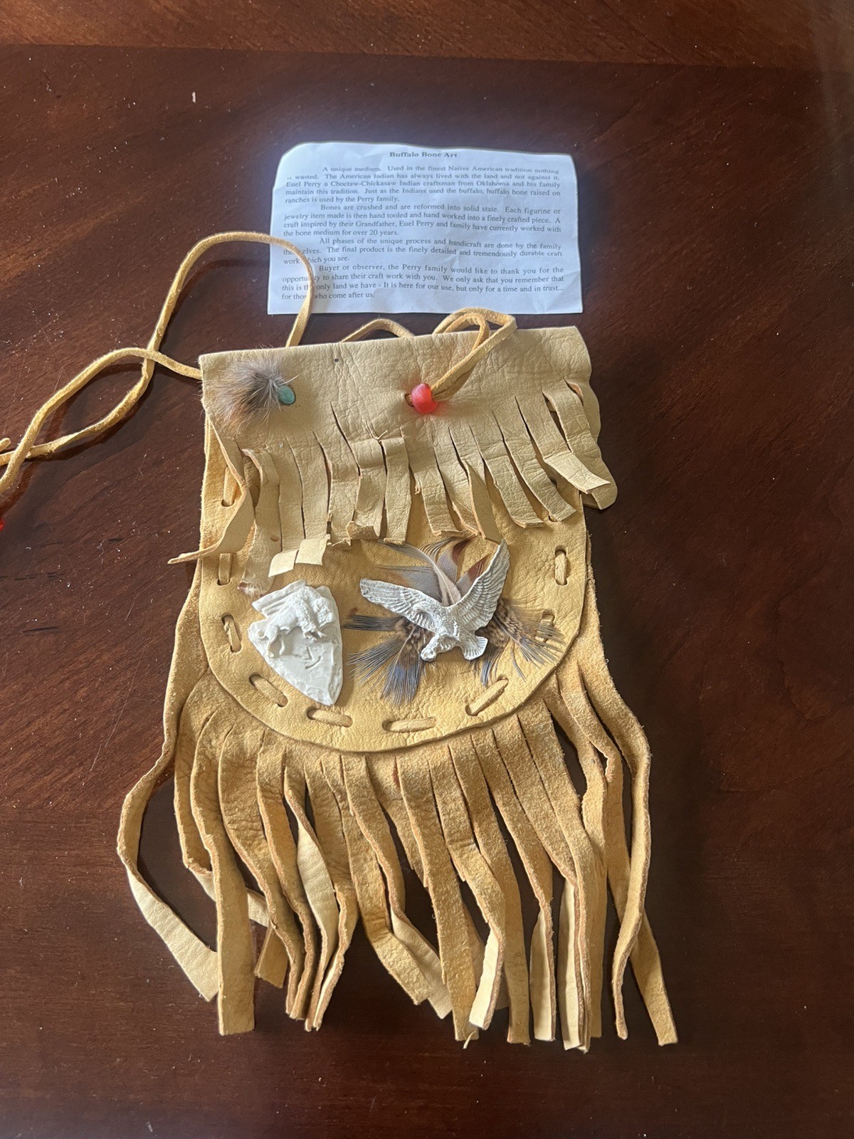 NATIVE AMERICAN MADE Animal Hide MEDICINE BAG, TAN With FRINGE