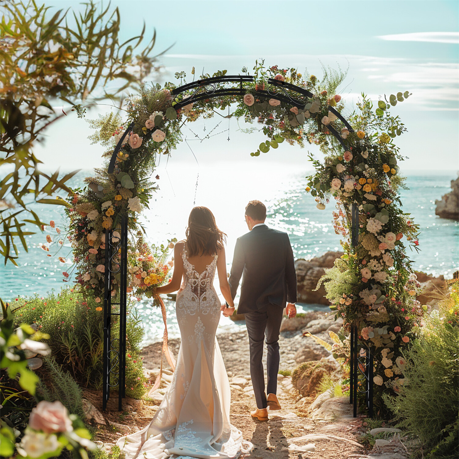 85 Inch Tall Outdoor Metal Garden Arch Trellis Gothic Arbor for Wedding Ceremony