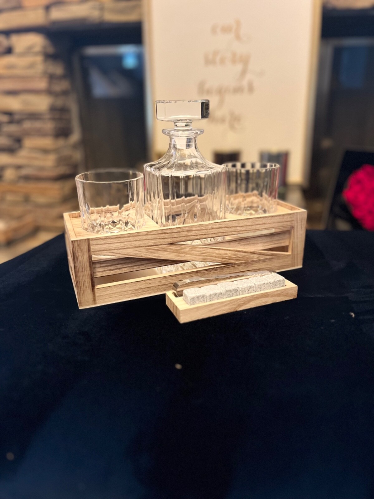 Whiskey Gift Set: Decanter, Wood Stand, Granite Chilling Stones & Two Glasses
