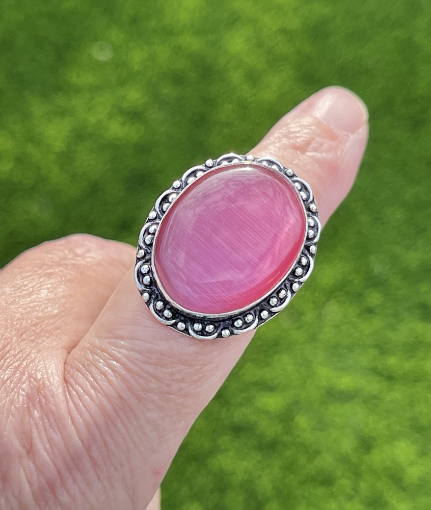 Pink Cat’s Eye Silver Gemstone Ring Sz 8