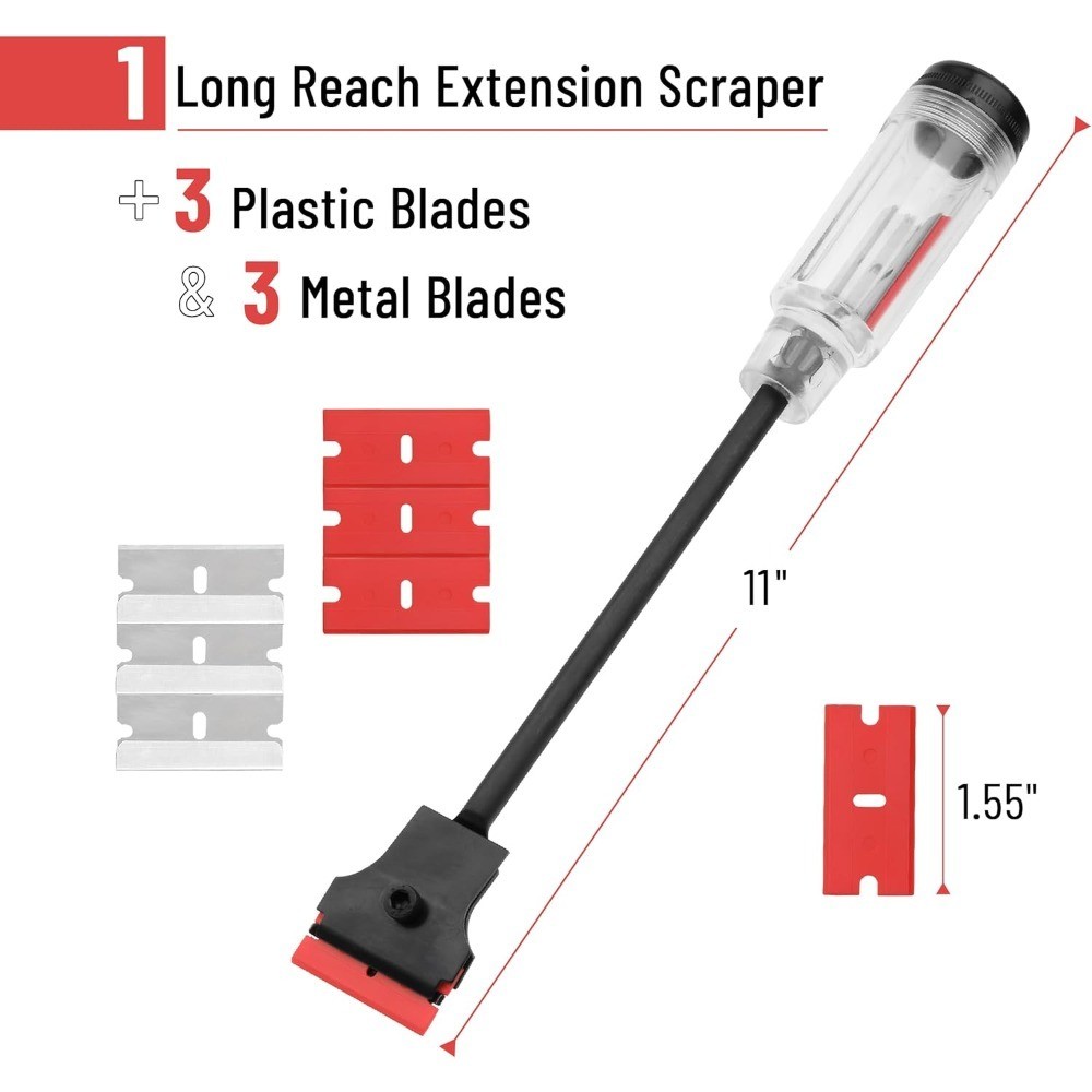 Long Handle Razor Scraper Tool, 11-Inch Extension Window Scraper with 3 Double
