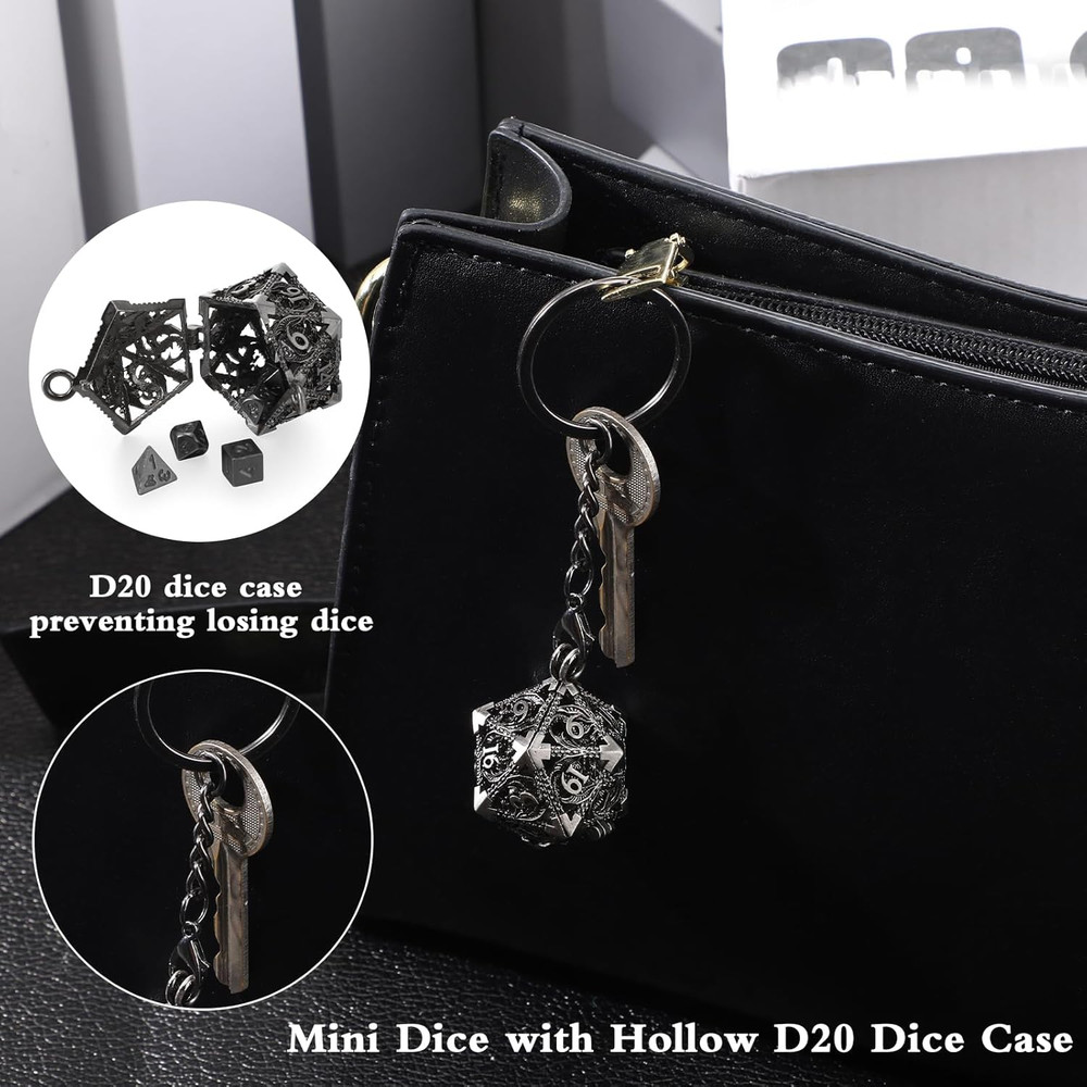 Mini Metal Dice Set 7 Pcs with D20 Necklace Case Keychain RPG Tiny Dice Silver