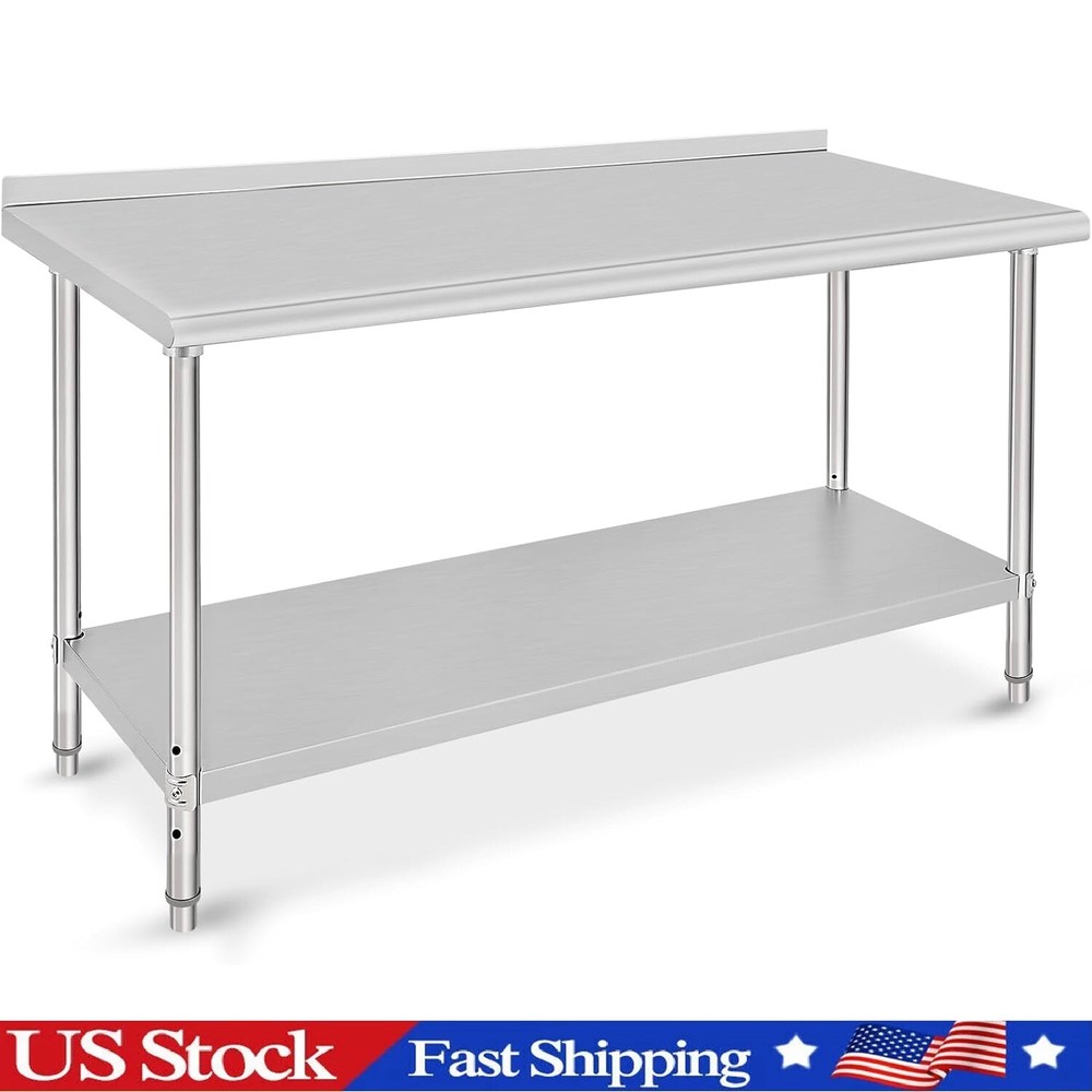 60"x24" Kitchen Prep Table Stainless Steel Work Table Undershelf with Backsplash