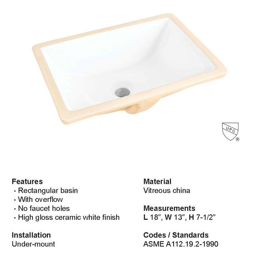 Fiore 18x13 Rectangle Undermount Bathroom Sink, Vitreous Ceramic Lavatory White