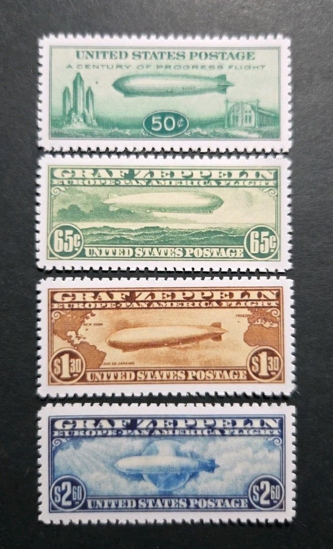 US Stamps SC# C13, C14, C15, & C18 1930/1933 Graf Zeppelin Air Mail Replica Set