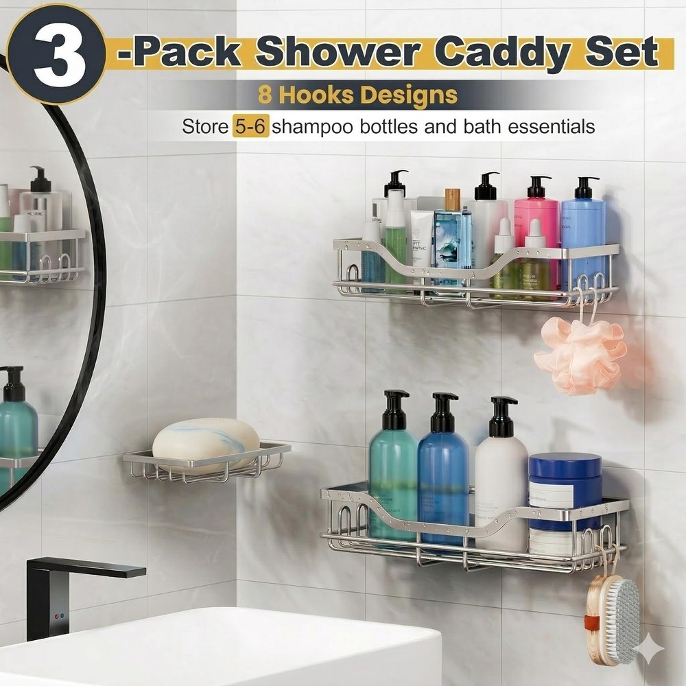 3-Pack Shower Caddy with Soap Holder, Adhesive Rustproof No-drill Strudy Load...
