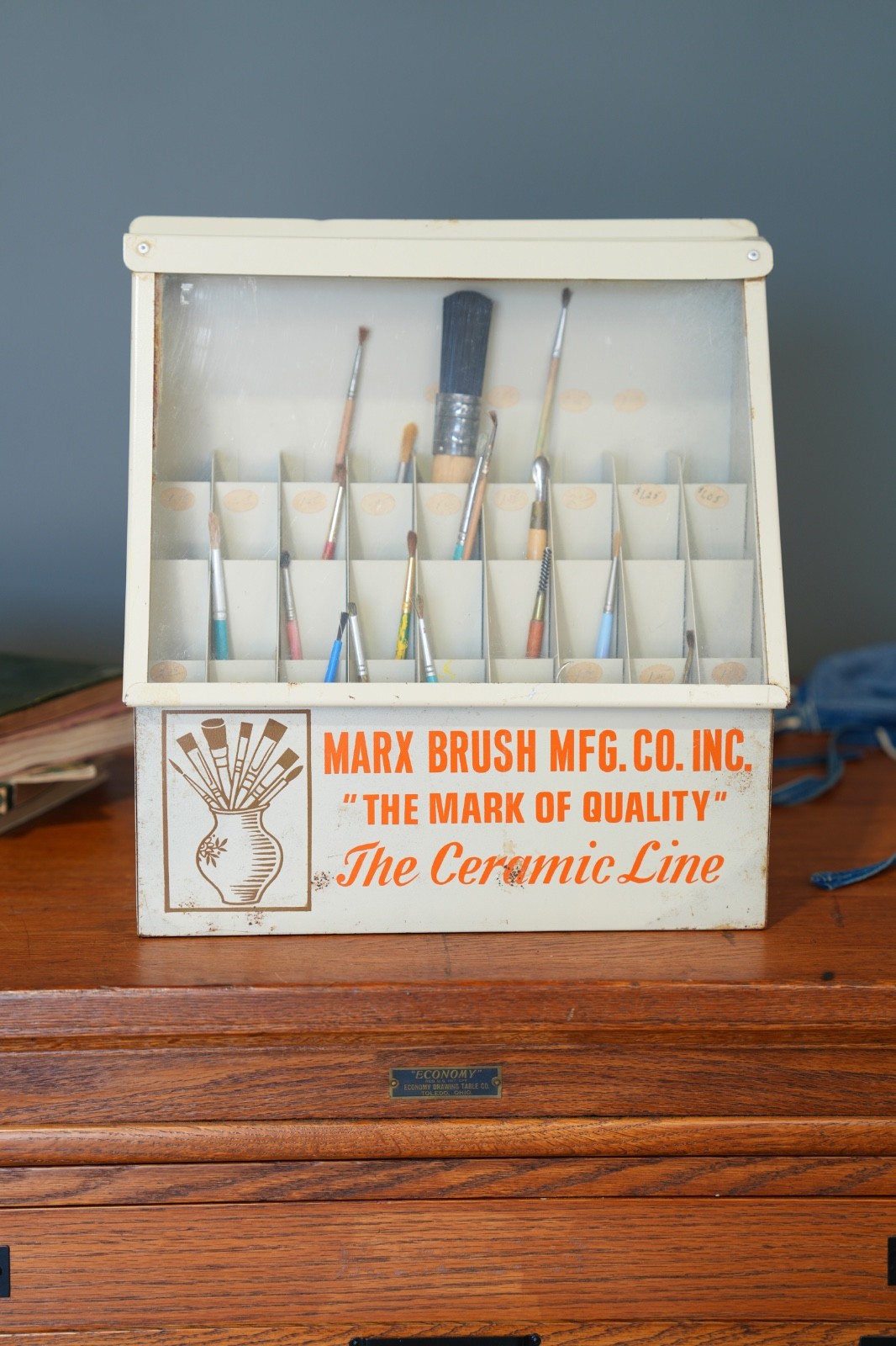 Vintage Marx Paint Brush Store Counter Display Case Antique Metal Cabinet