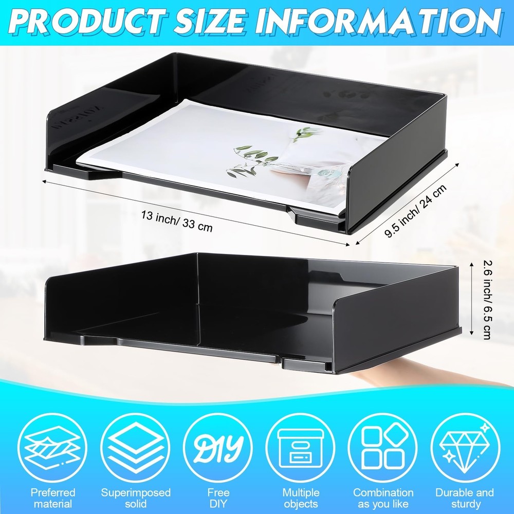 4 Pcs Stackable Letter Tray Rectangular Plastic Desk Organizer 13 x 9.5 x 2.6...