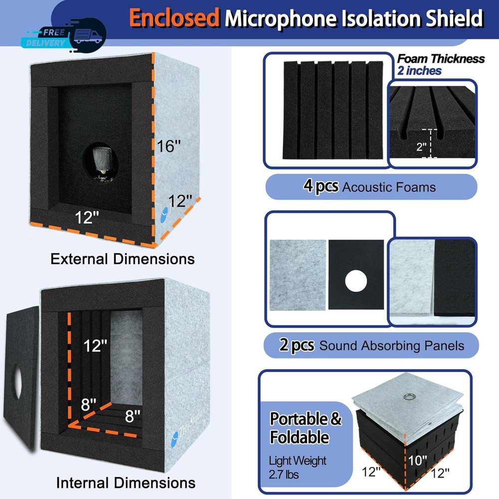 Enclosed Vocal Booth Portable Microphone Isolation Shield Foldable Reflection
