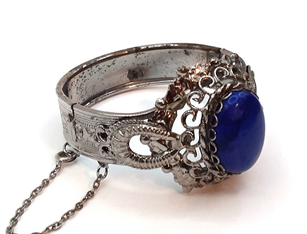 Lapis Blue Howlite Clamper Bracelet, Silver Tone