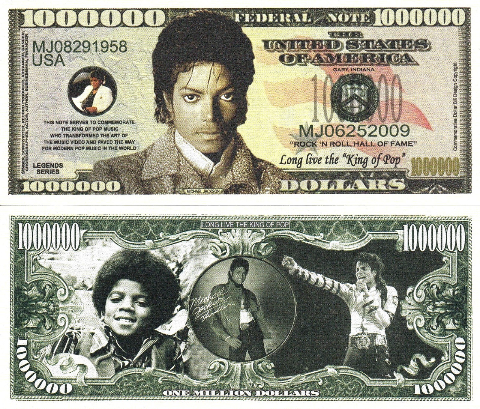 Michael Jackson Million Dollar Bill Play Funny Money Novelty Note + Free Sleeve