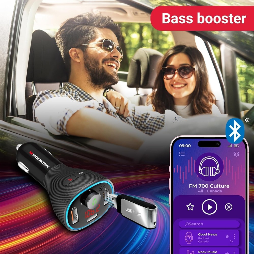 Monster Bluetooth FM Transmitter for Car Cigarette Lighter with 20W QC3.0 USB...