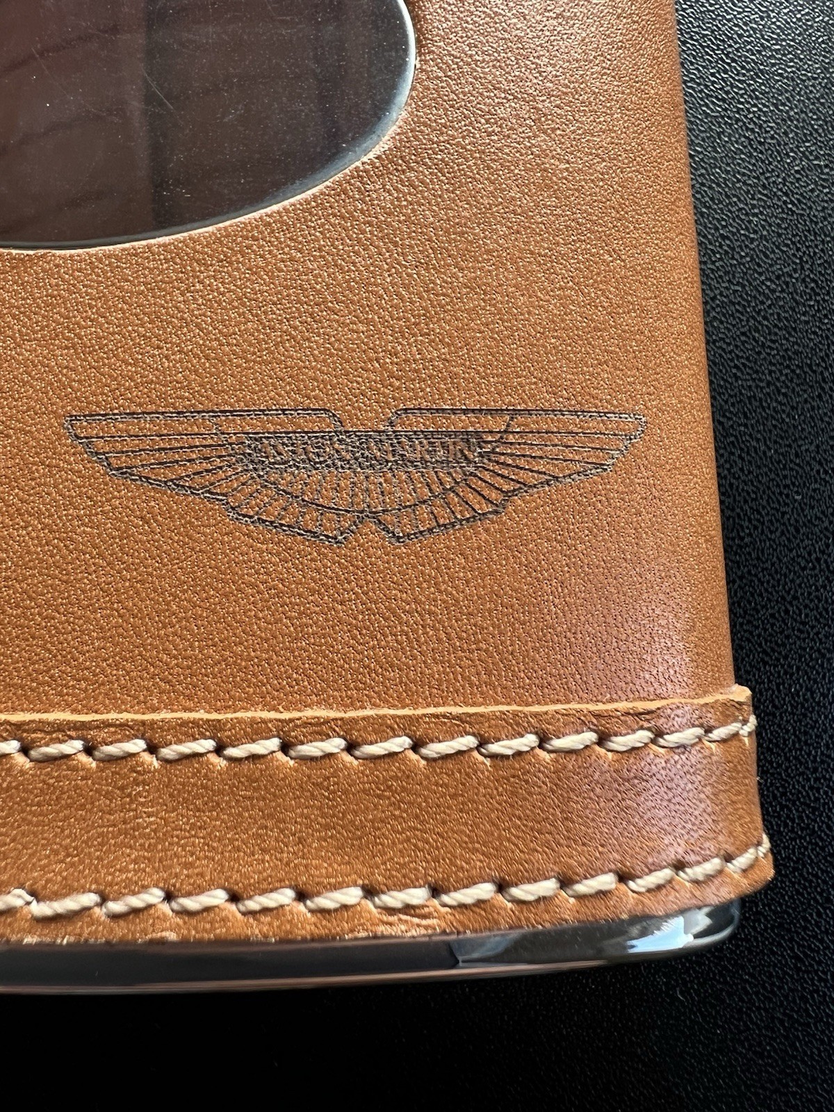 Aston Martin Leather And Stainless 7 oz Hip Flask. From LA Collection With Box.