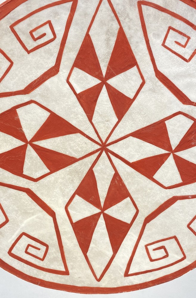 Handmade Drum Red White Geometric Pattern Wall Decor Round Percussion Art