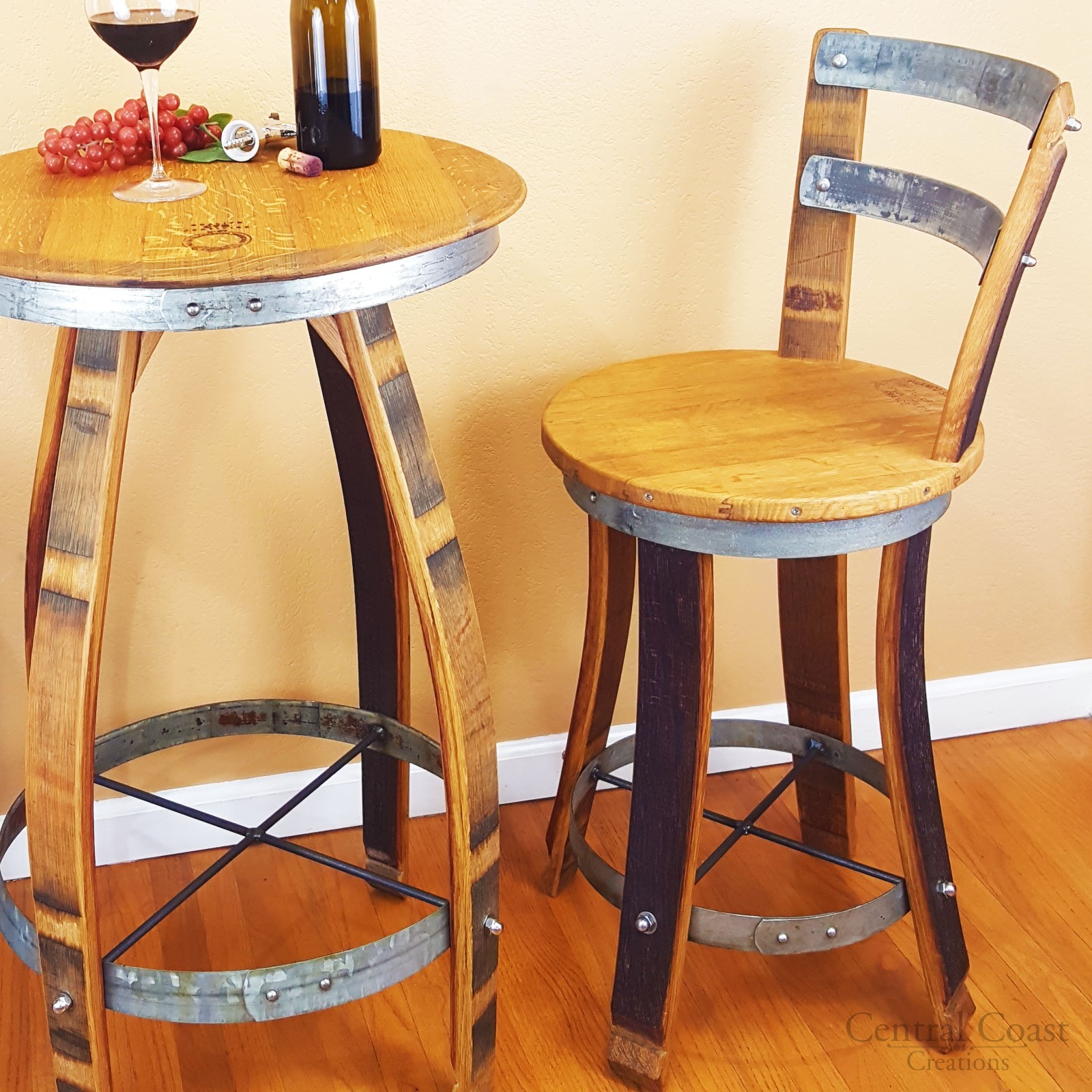 Wine Barrel Stool SWIVEL Top W/ Backrest 24" 26" 30" Sit Height Rustic Furniture