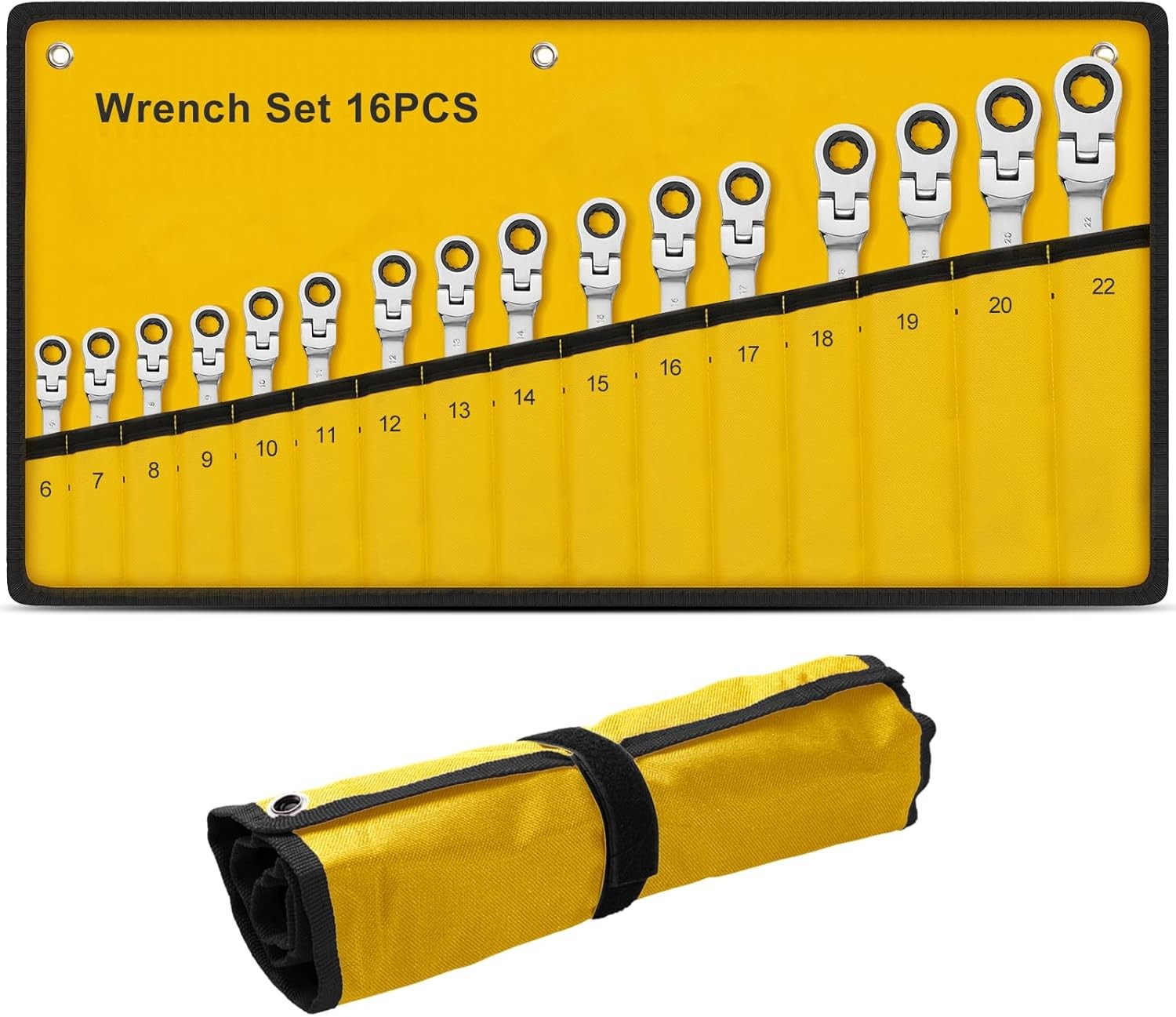 16PC 6-22mm Metric Flexible Head Ratcheting Wrench Combination Spanner Tool Set